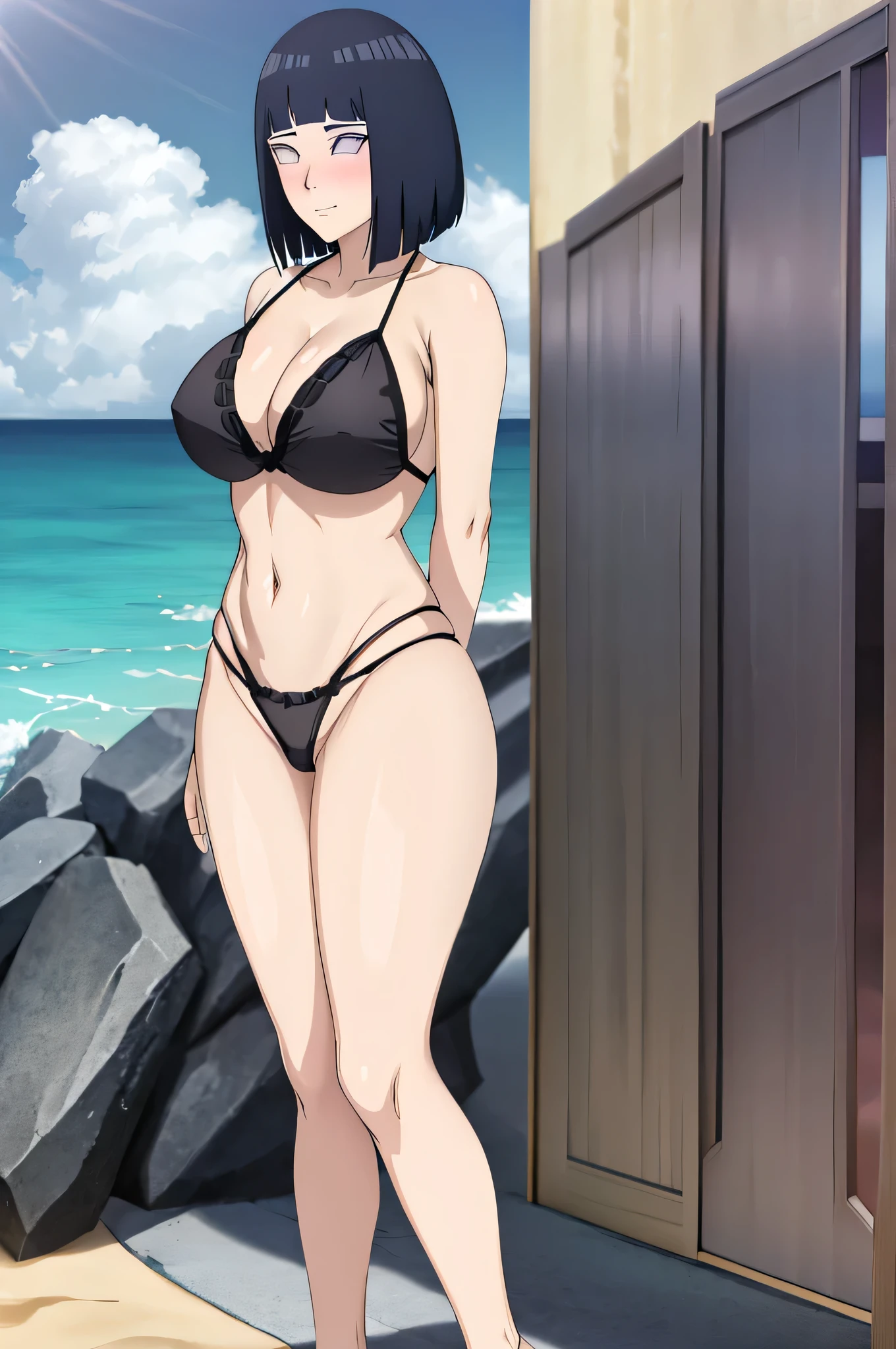 masterpiece, absurdres , (intricate details), (colorful),cinematic lighting,extremely detailed CG unity 8k wallpaper ,hinata\(boruto\), 1girl, solo, beach, ocean, island, outdoors, bright sky, sunny, clear sky, blush, black bikini, two piece bikini, thong panties, black thong, bare shoulders, cleavage, big breasts, skinny, slim waist, nice thighs, big ass, tall legs, hands touching hair, sexy, standing, full frame, full body in frame