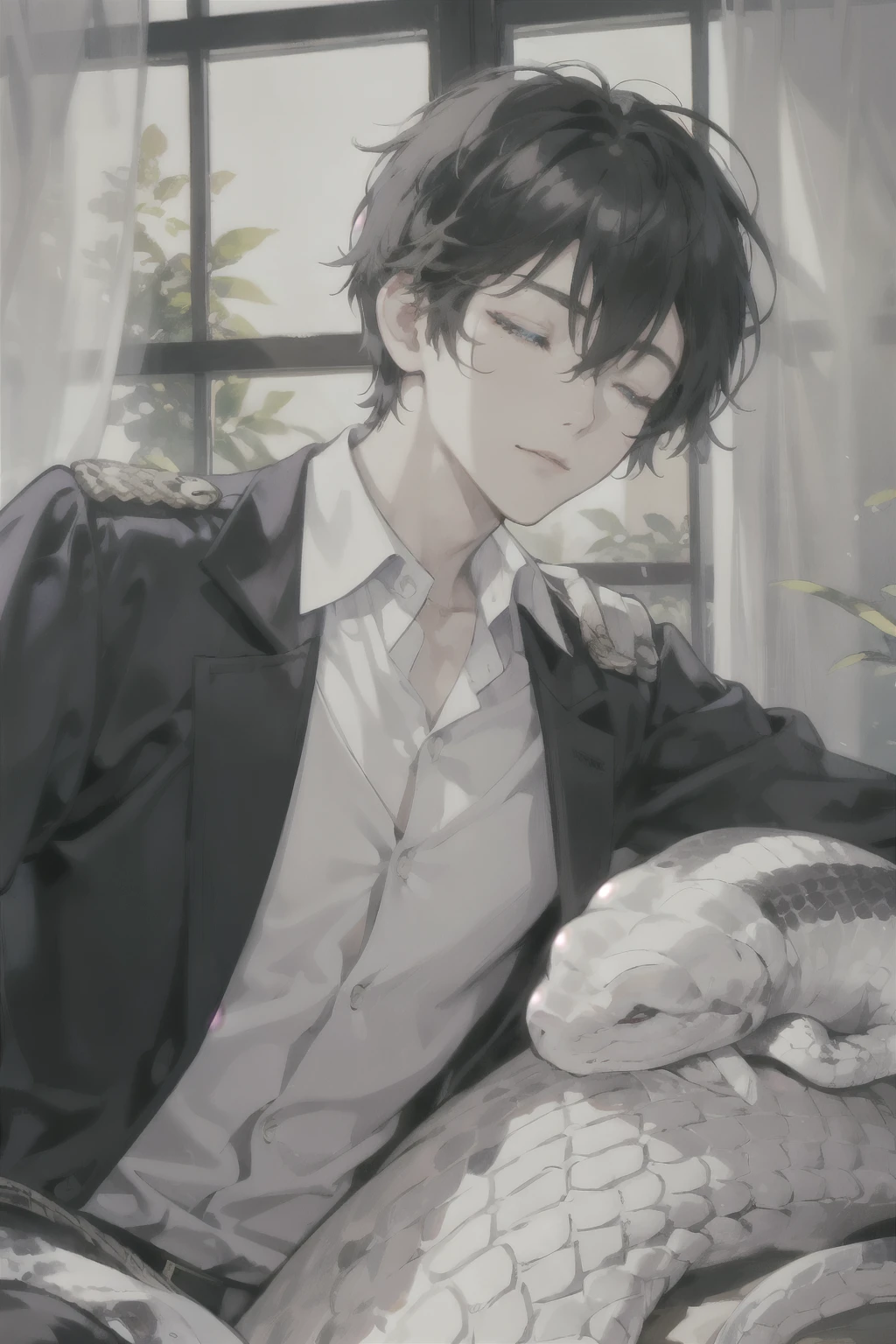 masterpiece, best quality, ultra detailed, (solo man), (male focus), ((Oblong face)), ((Square jawline)), black hair, ((hairs between eyes)), ((shoulder length)), ((narrow blue eye)), fair skin, skinny body, beauty mark, {uniform, outfit, clothes}, dress shirt, (Giving an insincere smile:0.7), (sleeping with a big albino snake), lying on a bed,(closed eyes:1.5)
