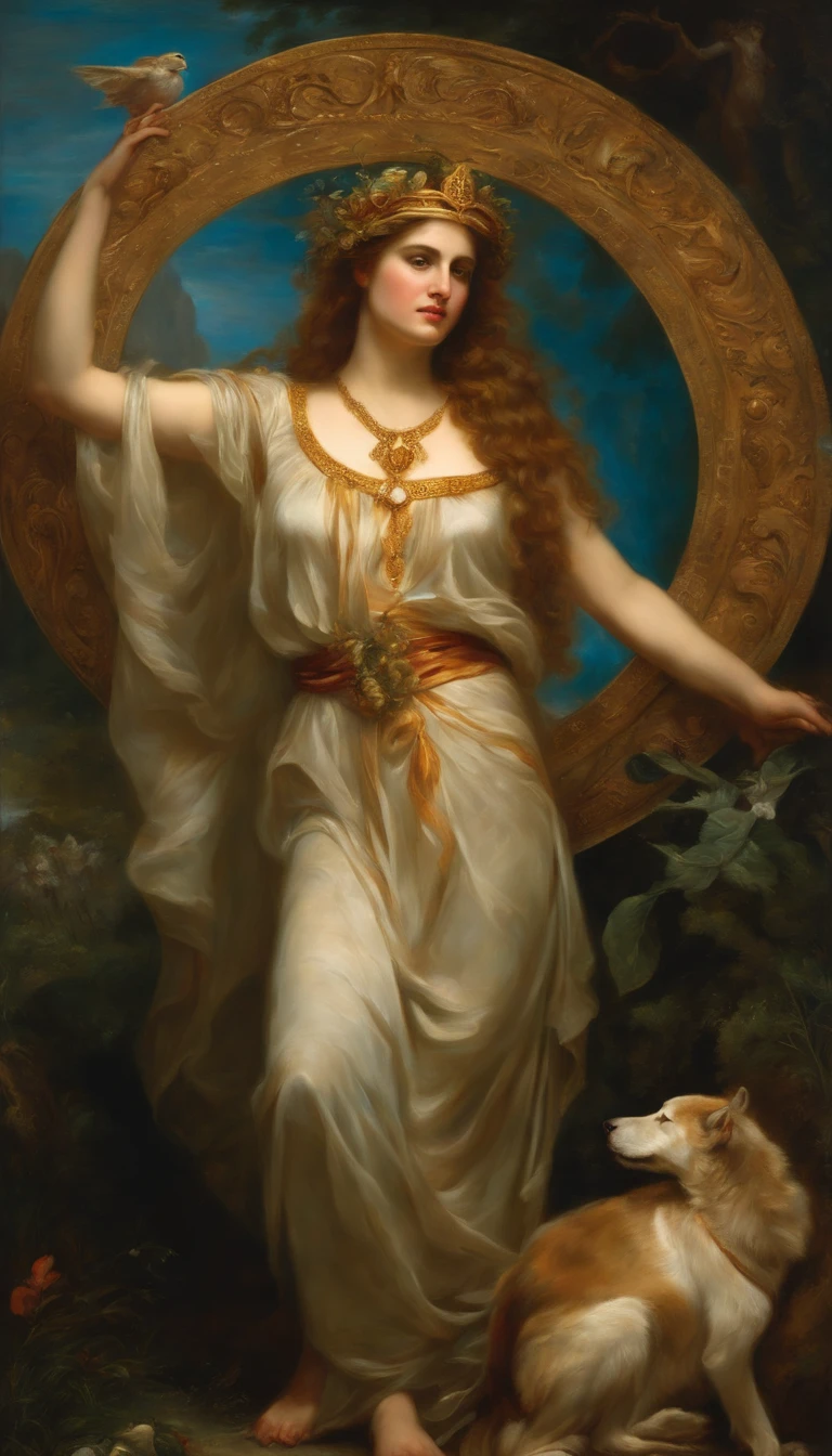 an oil painting artwork depicting the Greek goddess Circe from Greek or Roman mythology, inspirado en el estilo de pintura de Peter Paul Rubens. Capture Circe&#39;s magical and enchanting presence as she appears with a mystical aura., surrounded by enchantments and mythical creatures. Infunde la pintura con colores pasteles vibrantes., dramatic lighting, and intricate details characteristic of Rubens&#39; dynamic and emotive style. Let the power and beauty of Circe shine in a captivating portrait that brings her mythological essence to life on the canvas., obra maestra, premiado, mejor calidad, muy detallado, obra de arte impecable, hermosa naturaleza en el fondo, 