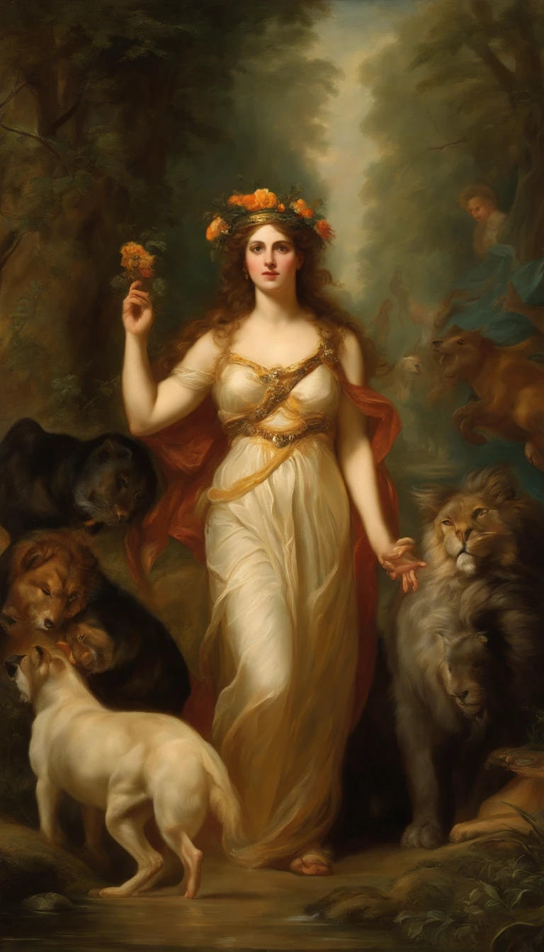 an oil painting artwork depicting the Greek goddess Circe from Greek or Roman mythology, inspirado en el estilo de pintura de Peter Paul Rubens. Capture Circe&#39;s magical and enchanting presence as she appears with a mystical aura., surrounded by enchantments and mythical creatures. Infunde la pintura con colores pasteles vibrantes., dramatic lighting, and intricate details characteristic of Rubens&#39; dynamic and emotive style. Let the power and beauty of Circe shine in a captivating portrait that brings her mythological essence to life on the canvas., obra maestra, premiado, mejor calidad, muy detallado, obra de arte impecable, hermosa naturaleza en el fondo, 