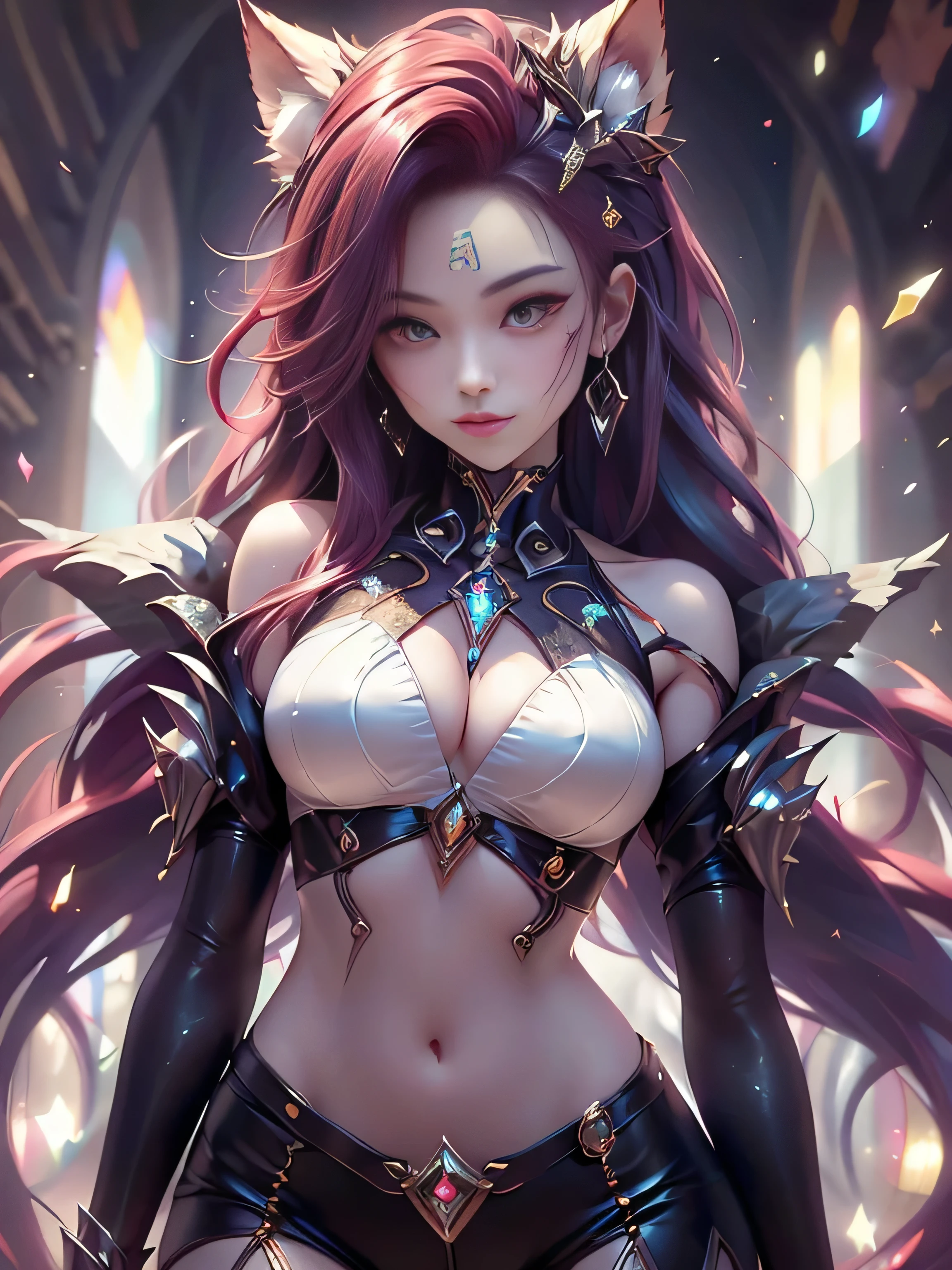 (best quality,ultra-detailed,realistic:1.37),cute foxgirls face,beautiful detailed eyes,beautiful detailed lips,demonic smile,vivid colors,red hair,innocent expressions,playful facial features,soft background,photorealistic,shiny eyes,sharp focus,natural beauty,subtle contouring,hint of mischief,dreamy atmosphere,delicate details,(Full body view)Ideal female body, Eyes looking at camera (with long red hair, long bangs, Forehead, smile, seductive, inspired by anime character) color difference, depth of field, dramatic shadow, ray tracing ,best quality,highly detailed CG,8K wallpaper,female model,[Carefully rendered hair [More about beautiful and shiny hair]],(Perfect hand detail [Beautiful fingers without breakage [Beautiful nails]],(Perfect anatomy (Perfect proportions) ) [[Full body view]],[Perfect color coordination (Accurate imitation of the interaction of light and material)], [Fine art that conveys the meaning of the story]