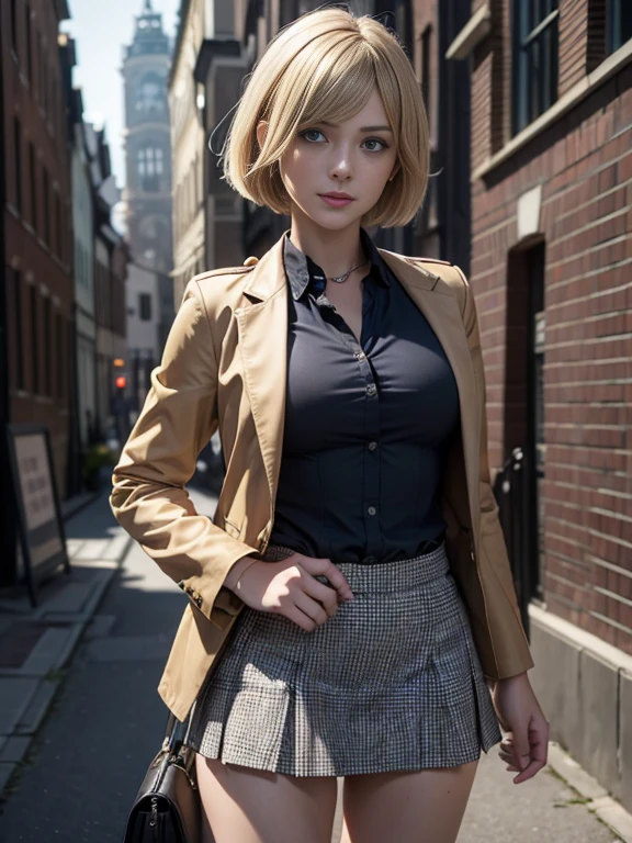 8K,Masterpiece,One woman,Smile,30 years old,blue eyes,Blonde Hair,Short Bob Hair,Ella Freya, a beautiful Dutch YouTuber（Ella Freya),「Resident Evil RE:4」Ashley, the heroine of,Dark camel colored blazer uniform jacket,Checkered  Mini Skirt