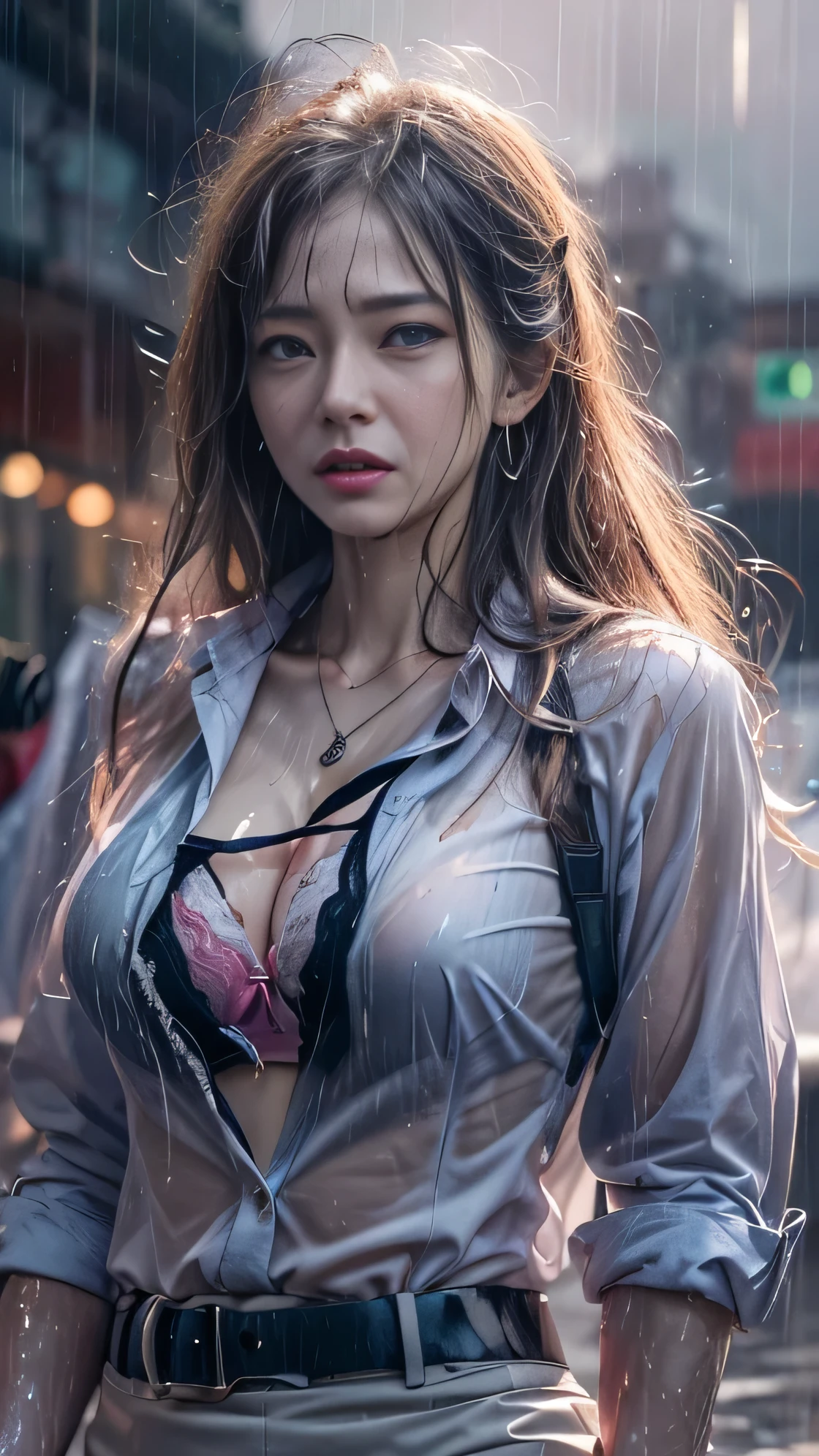 (RAW shooting, photoreal:1.5, 8K, best quality, masterpiece, ultra high resolution), Complete dynamic configuration:1.2, night street corner of modern city, cry with a broken heart:0.7, (((typhoon heavy rain))), Highly detailed skin and face textures:1.2, slim office lady wet in the rain:1.3, fair skin:1.2, sexy beauty:1.1, perfect style:1.2, beautiful and aesthetic:1.1, very beautiful face:1.2, water droplets on skin, (Rain pours all over my body:1.2, wet body:1.2, wet hair:1.3, wet tight skirt:1.2, wet office lady uniform:1.3), belt, (medium chest, bra see through, chest gap), (expression of sadness, Facial expression when feeling intense caress, Facial expression when feeling joy), (beautiful blue eyes, Eyes that feel beautiful Eros:0.8), (so erotic:0.9, Bewitching:0.9), cowboy shot, shoulder bag, necklace, earring, bracelet, clock
