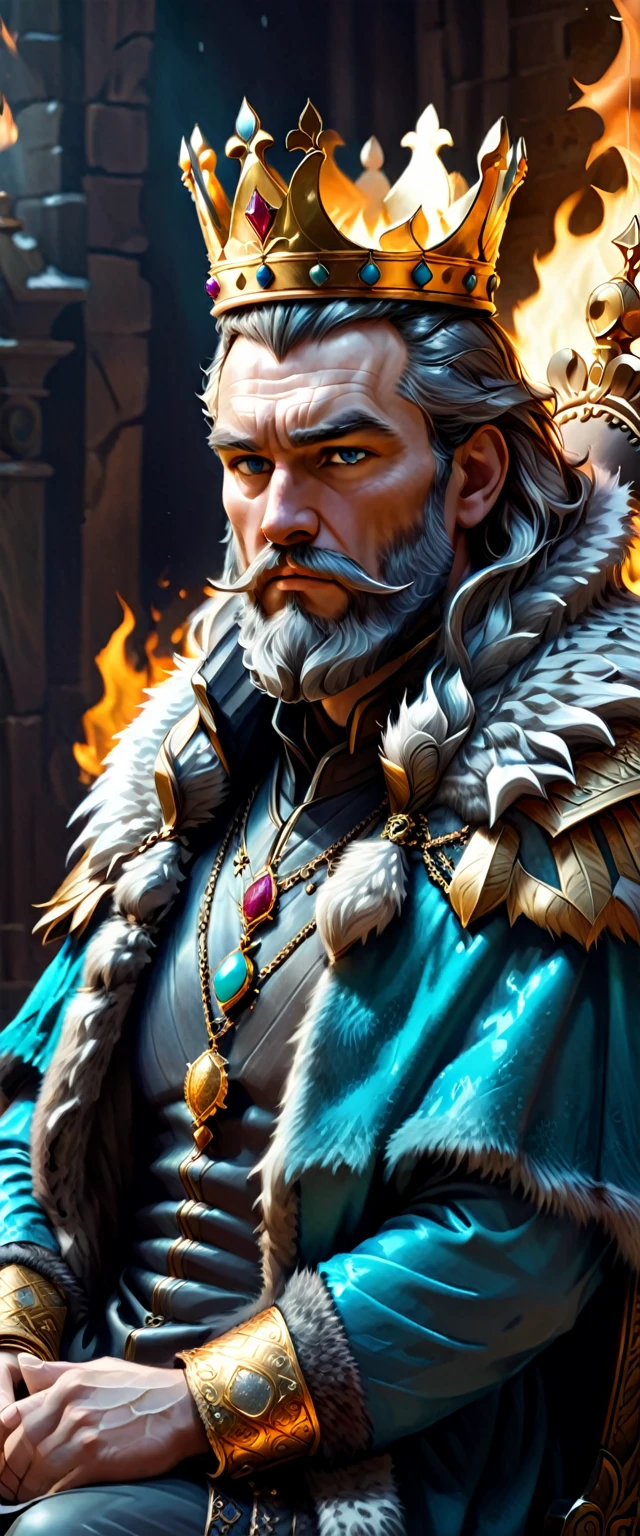 a man of about 45 sits on the throne thoughtfully and with anxiety pride looks at the viewer with wariness he is the king of a northern state the middle beard has begun to turn gray ,medium curls hidden under a fur coat, Huge Fur coat with long black fur, huge medallion symbol of power, throne in the background, he looks at the viewer with command and warning, a soulful and frightening look, his hands are relaxed, torso pushed forward,the golden crown is all decorated with jasper jewelry,mica, turquoise, and rubies,  The fur coat almost hides his face, soft shadows, Hyperrealistic, Photorealism, FullHD ,2K, bright direct light from the fire in the castle, northern scandinavian castle, thick eyebrows, fat man, but not fat, On the fingers of the ring,rings,Northern Kingdom,Scandinavia, Nordling, northern king,large semi covered, Coffee eyes, small mouth, massive forehead, straight nose narrow,Massive jaw,wide cheekbones,