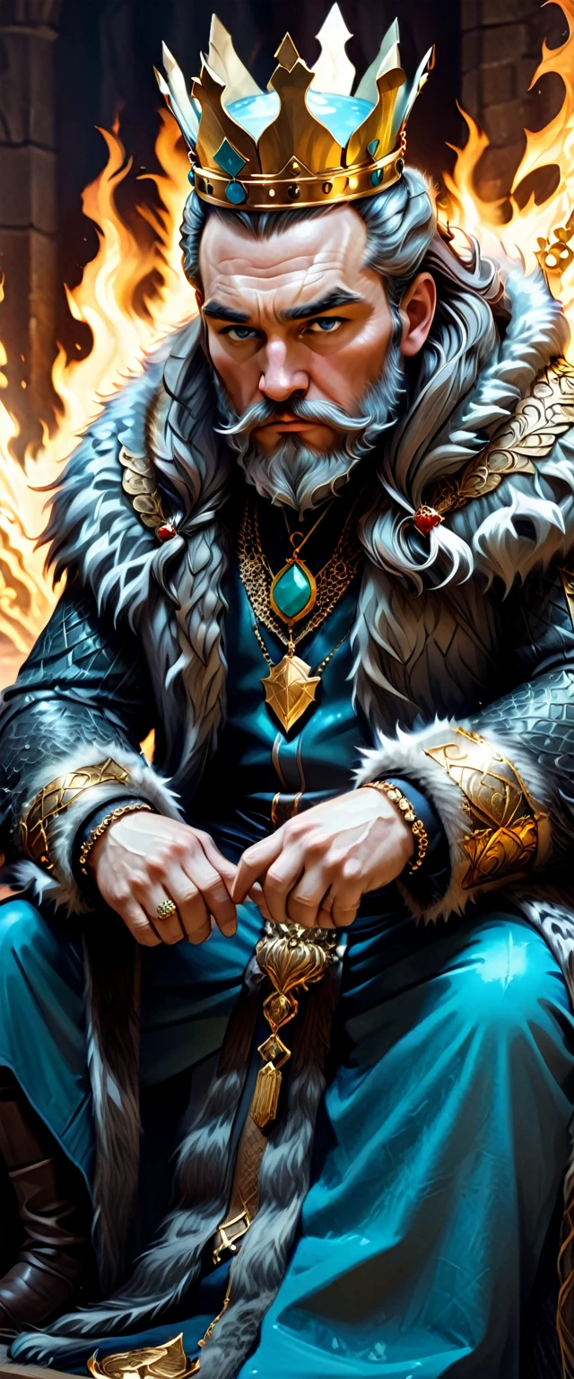 a man of about 45 sits on the throne thoughtfully and with anxiety pride looks at the viewer with wariness he is the king of a northern state the middle beard has begun to turn gray ,medium curls hidden under a fur coat, Huge Fur coat with long black fur, huge medallion symbol of power, throne in the background, he looks at the viewer with command and warning, a soulful and frightening look, his hands are relaxed, torso pushed forward,the golden crown is all decorated with jasper jewelry,mica, turquoise, and rubies, The fur coat almost hides his face, soft shadows, Hyperrealistic, Photorealism, FullHD ,2K, bright direct light from the fire in the castle, northern scandinavian castle, thick eyebrows, fat man, but not fat, On the fingers of the ring,rings,Northern Kingdom,Scandinavia, Nordling, northern king,large semi covered, Coffee eyes, small mouth, massive forehead, straight nose narrow,Massive jaw,wide cheekbones,