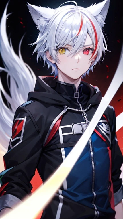 male anime character,Heterochromia,Clear yellow eyes, Fiery iridescent red eyes, Silver Hair, Short hair blue hourglass tip , Clothes in black and white, male ,Wolf Ears,Upper body only