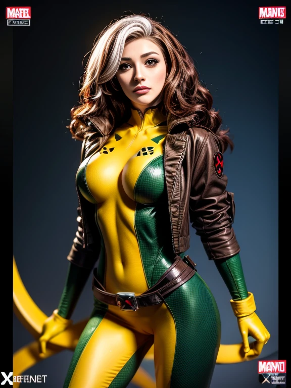 masterpiece、High quality 4K、villain (X-Men)、Gothic Girl、Sculpted Body Gothic Makeup、Brown jacket、Yellow and green bodysuit、masterpiece、highest quality、Cowboy Shots、one personの女の子、one person、Technology Military Bodysuit、fringe、Kat Dennings