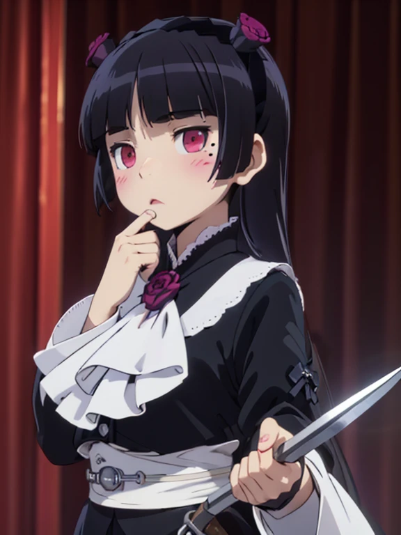 (((Sickle))), (((grim Reaper))), ((black)), (Skeleton), Red eyes, (Whitewashed face)、ruri gokou, Hime cut, Face Paint, darkness, dark, Gothic, mysterious, elegant, Creepy, grace, black, underworld, Shadow, night, cool, Ghost, Different world, antiquity, Mysterious, Mysterious, Heavy, accessories, 1 girl、dress、Food、mole、目の下のmole、blush sticker、Head feathers、:<、ta Fashion、Skull、Gothic Loli