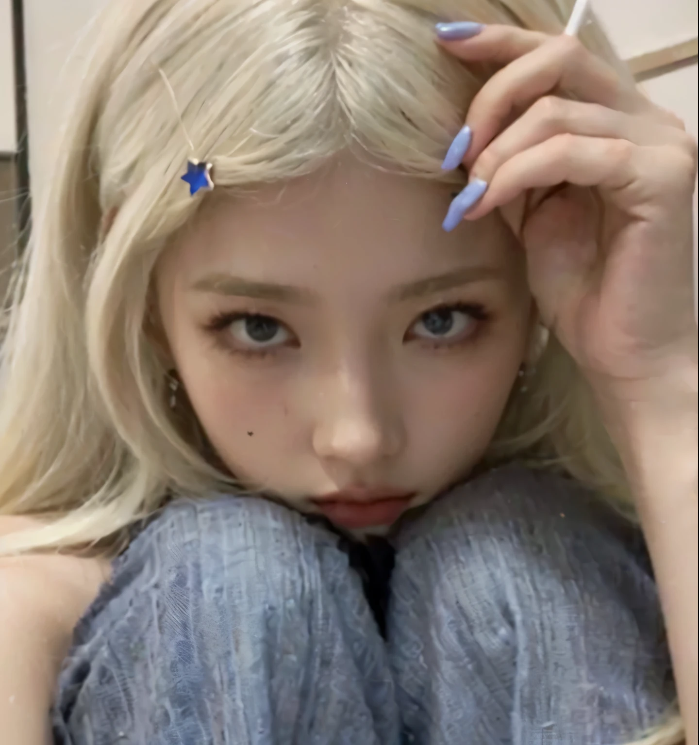 Blond-haired girl with blue nail polish and a cigarette., bella delfina, shikamimi, ulzzang, chica anime en la vida real, Rena nunen estilo 3/4, pale porcelain white skin, kim doyoung, kim taejin, parque roseanne de blackpink, ava max, peinado de corte hime blanco, very very pale blonde hair, ahegao