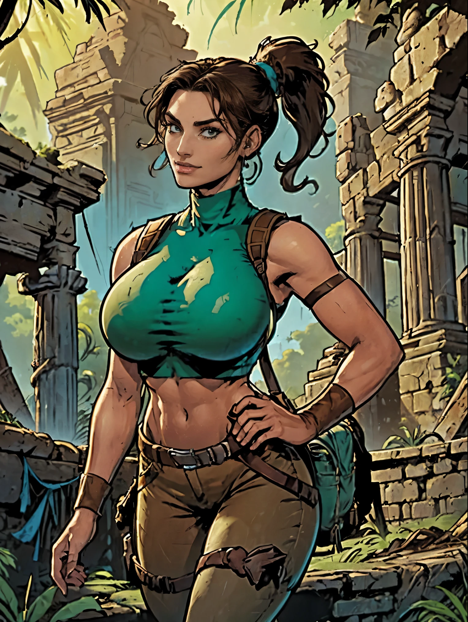(masterpiece, top quality, best quality, official art, beautiful and aesthetic:1.2), (1girl:1.3), brown hair, ponytail, extremely detailed, portrait, looking at viewer, solo, (full body:0.6), detailed background, close up, mischievous eyes, (cool Incan ruins theme:1.1), pleasant smile, brunette, aquiline nose, green eyes, ponytail, ((gigantic breasts)), (thin), athletic, Lara Croft. Wearing a sleek (high-neck) light blue sleeveless top, brown shorts, boots, shoulder harness, backpack, holsters, utility belt, slim waist, slim hips, long legs, ancient (jungle ruins exterior:1.1) detailed background, bright optimistic lighting, shadows, magical atmosphere, dutch angle