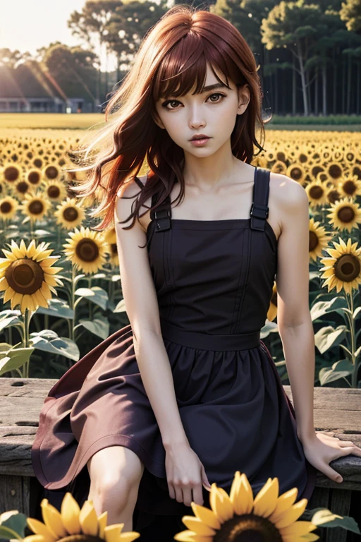 (best quality, masterpiece:1.2), ultra-detailed, realistic:1.37, portraits, vibrant colors, soft lighting, red hair, detailed eyes, solitary girl, sitting in a sunflower field