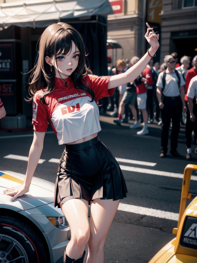 Monte Carlo Street Circuit, racing car, Racing Bikes, Promotion Girl, Grid Girl, Detailed promotional costumes are intricately worn, lace-up boots, Short sleeves, cropped tops, Short jacket, Tube Top Bra, knee high, Nylon short sleeve jacket with many logos, Knee Length Glitter Nylon Pleated Skirt, Asymmetrical medium size nylon pleated skirt, Promotional wear with logo, Red and White Glitter Promotional Wear, absurdres, RAW photo, extremely delicate and beautiful, masterpiece, Best Quality, ultra high resolution, 32k, hyperrealistic, ultra-detailed, detailed description, pale skin, 20 years old, tearful mole, earring, short medium hair, wavy hair, whole body shot,