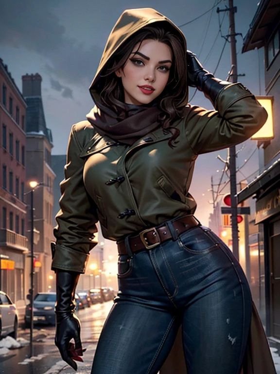 (masterpiece:1.0)、(highest quality:1.2)、(Dark Shot:1.3)、Classic Rogue、1991 Rogue X-Men、1 girl、Only one person、Head to Toe、standing on street corner、Elegant pose、(clothing: Brown winter coat、Brown hood、Down lining、White scarf、gloves、jeans) Medium Hair、Brown Hair、Wavy Hair、1 grey hair、Green Eyeischievous look、Grin、Spread your lips、Red lipstick、Heavy makeup、Confident expression、Backlight、(realism: 1.5)、(realism: 1.4)、(Messy: 1.4)、8k、Very detailed、Detailed beautiful woman、(background: midnight、It's snowing、Downtown New York、Snowy Night)、Official Art、Very detailedな CG Unity 8k 壁紙、Perfect lighting、colorful、超High resolution、photograph、8k、High resolution、Kodak Portrait 400、Film Grain、ぼやけたbackground、(Bokeh:1.2)、(Bright colors:1.2)、Film Grain:1.2、(warm color、warm colorトーン:1.2)、(カラーphotograph)、プロのphotograph、Kat Dennings