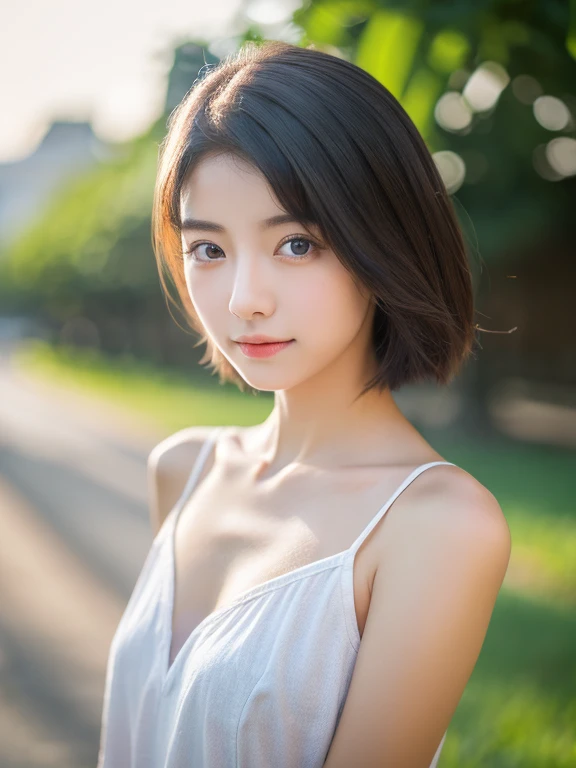 (highest quality、8k、32k、masterpiece、)、Neat 、 people、13-year-old girl、Black Short Hair、Beautiful Face、Hunchback、Esbian all over、A loose white t-shirt、Denim shorts、(slim, small, flat, small)、Delicate and sexy collarbone、Fine grain、Iris、double eyelid、outside of home、Wind、Glowing Skin、Blurred Background、