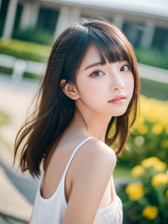 (highest quality、8k、32k、masterpiece、)、Neat 、 people、13-year-old girl、Black Short Hair、Beautiful Face、Hunchback、Esbian all over、A loose white t-shirt、Denim shorts、(slim, small, flat, small)、Delicate and sexy collarbone、Fine grain、Iris、double eyelid、outside of home、Wind、Glowing Skin、Blurred Background、