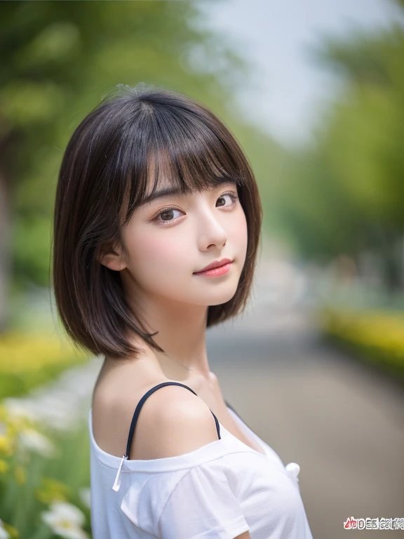 (highest quality、8k、32k、masterpiece、)、Neat 、 people、-yeld giBlack Short Hair、Beautiful Face、Hunchback、Esbian all over、A loose white t-shirt、Denim shorts、(slim, small, flat, small)、Delicate and sexy collarbone、Fine grain、Iris、double eyelid、outside of home、Wind、Glowing Skin、Blurred Background、