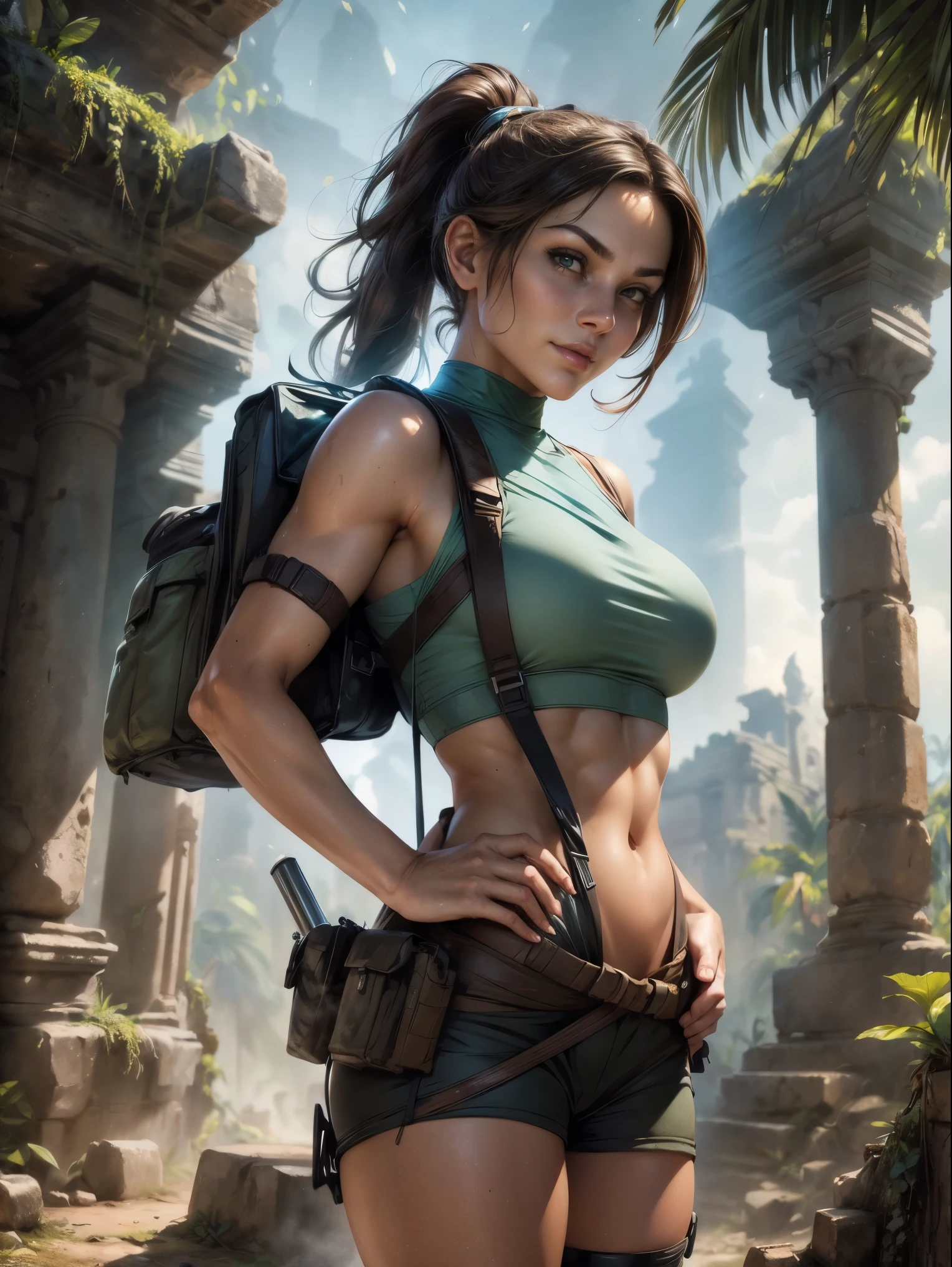 (masterpiece, top quality, best quality, official art, beautiful and aesthetic:1.2), (1girl:1.3), brown hair, ponytail, extremely detailed, portrait, looking at viewer, solo, (full body:0.6), detailed background, close up, mischievous eyes, (cool Incan ruins theme:1.1), pleasant smile, brunette, aquiline nose, green eyes, ponytail, ((gigantic breasts)), (thin), athletic, Lara Croft. Wearing a sleek (high-neck) light blue sleeveless top, brown shorts, boots, shoulder harness, backpack, holsters, utility belt, slim waist, slim hips, long legs, ancient (jungle ruins exterior:1.1) detailed background, bright optimistic lighting, shadows, magical atmosphere, dutch angle