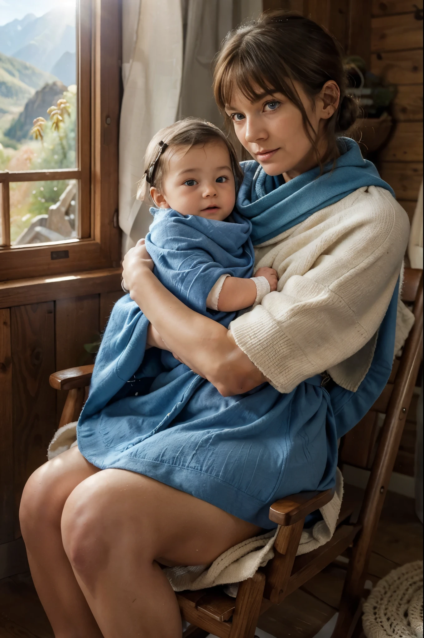 An old granny(wrinkles on her face) holds a baby in her arms, sitting in a wooden rocking chair. shawl on the shoulders, wool cover on legs, indoor, alone, mountain cabin, the sun's rays enter through the window, daytime, blue sky, blue eyes, detailed eyes, medium hair, brunete hair, loose hair, bangs, light rays.