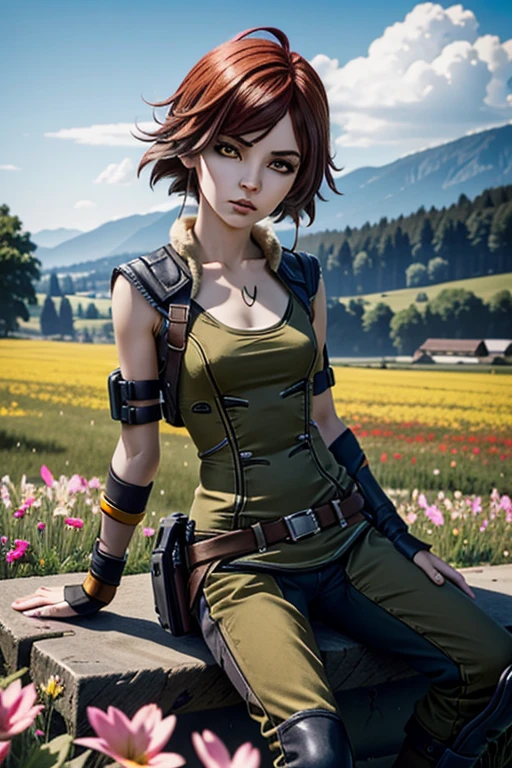 (masterpiece, best quality)
LilithBorderlands,  1girl, solo, red hair, yellow eyes, sitting in a sunflower field
  