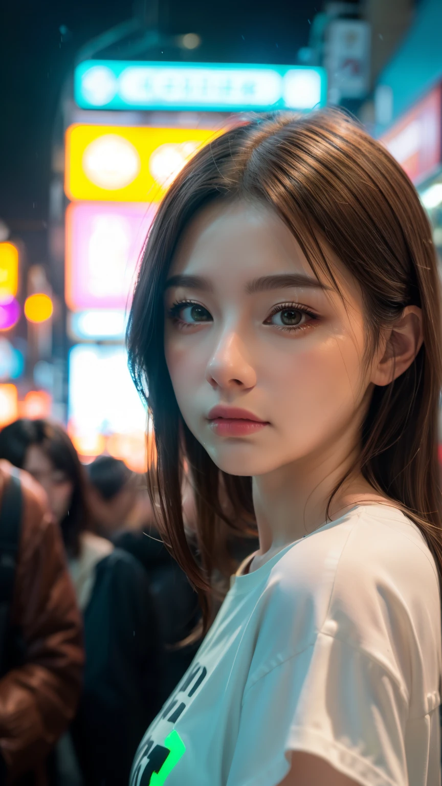 A woman standing on a crowded street in Tokyo, Traffic jam on a rainy night, masterpiece, RAW Photos, Written boundary depth, Bokeh, (Front light:1.2), (Backlight:0.75), (Subsidy light:0.9), neon, chromatic aberration, (Lens flare:1.2), 8k, Genuine, green,(head shot:1.5)