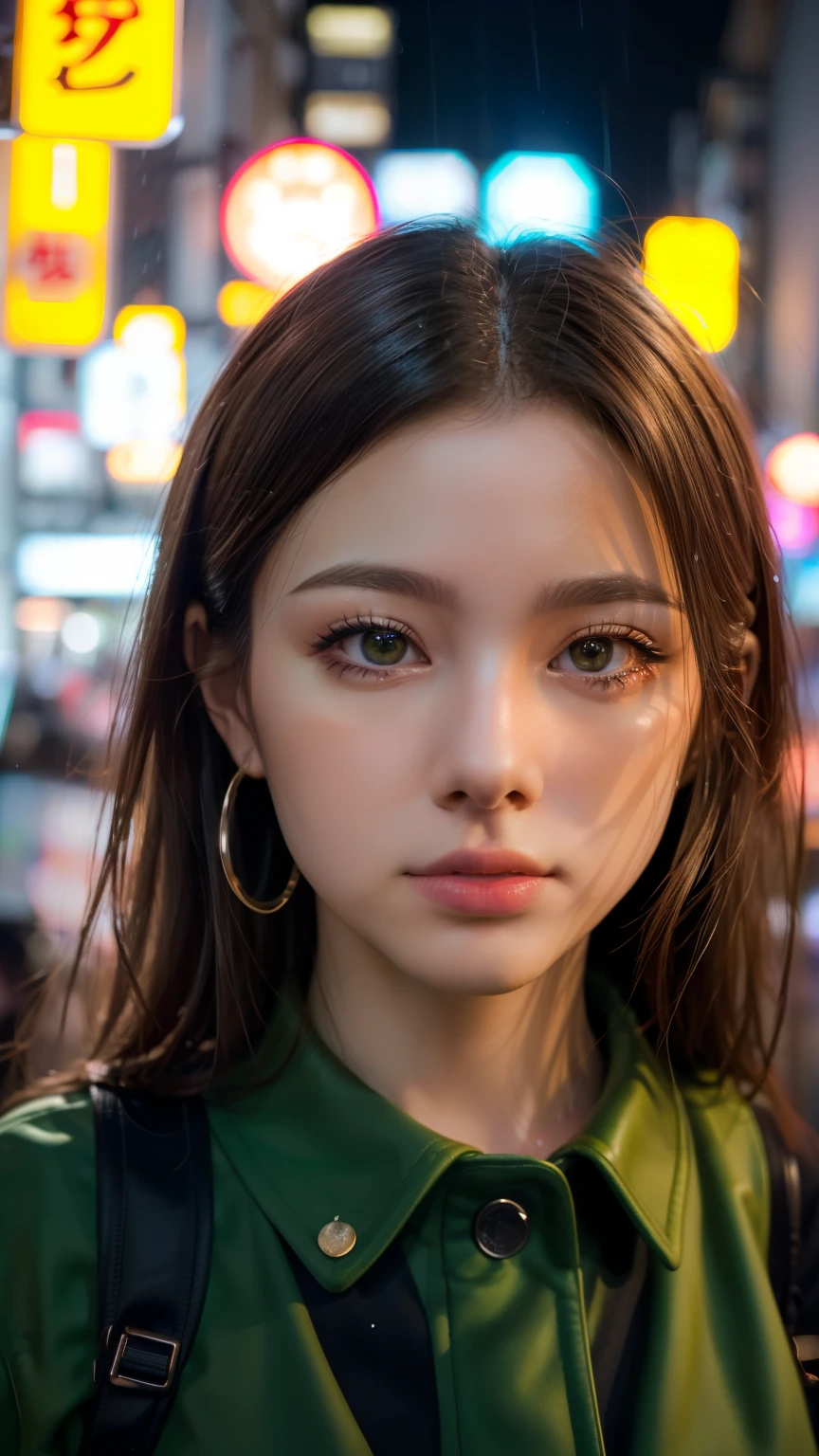 A woman standing on a crowded street in Tokyo, Traffic jam on a rainy night, masterpiece, RAW Photos, Written boundary depth, Bokeh, (Front light:1.2), (Backlight:0.75), (Subsidy light:0.9), neon, chromatic aberration, (Lens flare:1.2), 8k, Genuine, green,(head shot:1.5)