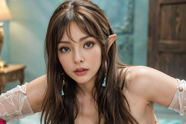 Artgerm (Stanley Lau) style, one piece (Wano Saga) style, best quality, ultra realistic, 16k, crazy resolution, UHD, ultra-detailed, detailed eyes, detailed skin, detailed hair, detailed face, detailed fabric, detailed texture , (1 beautiful young woman, alone: 1.1), tall, (elf) a vulcan girl from star trek (Sharon Tate (The Fearless Vampire Killers), pointed ears, tanned skin, realistic skin texture, tanned brown skin, realistic hair, long (light brown) hair, blonde gradient tones hair, two-tone hair, high ponytail, hair stick , ornament hair), (natural big breasts:1.2), (sideboob:1.2), jewelry, (turquoise eyes), cowboy shot, V-shaped green eyes, ((hourglass shape)), hot naked, (Blurred in vibrant cinematic light), warm atmosphere, Show all, ultra-detailed, fine details, nude, (proportional) big hips, thick thighs, tall, Natural Color Lip, face with expression of pleasure and tiredness , different sensual poses at different angles, futuristic retro bedroom with neon lights (blurred background)、20 years old、dream atmosphere 