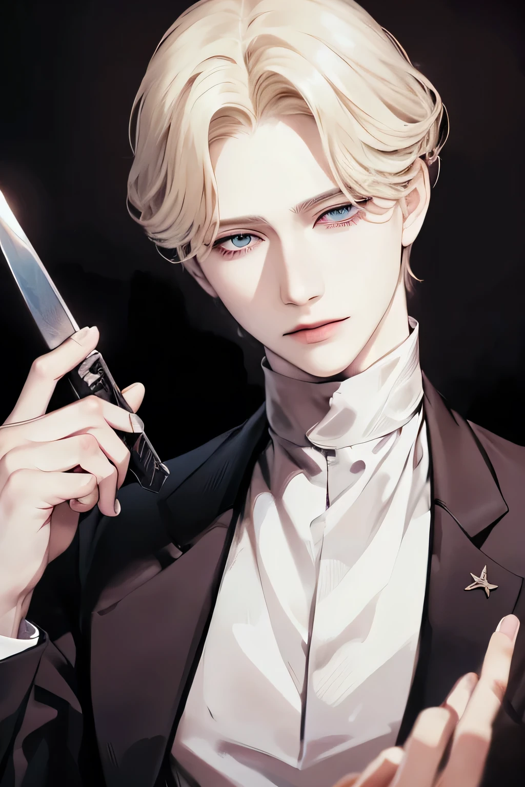 johan liebert, solo boy, wearing black sweather, closed mouth, blue eyes, detailed eyes, male focus, blonde short hair, looking at viewer, short hair, gentle expression, elegant smiled.