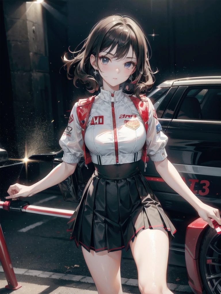 Monte Carlo Street Circuit, racing car, Racing Bikes, Promotion Girl, Grid Girl, Detailed promotional costumes are intricately worn, lace-up boots, Short sleeves, cropped tops, Short jacket, Tube Top Bra, knee high, Nylon short sleeve jacket with many logos, Knee Length Glitter Nylon Pleated Skirt, Asymmetrical medium size nylon pleated skirt, Promotional wear with logo, Red and White Glitter Promotional Wear, absurdres, RAW photo, extremely delicate and beautiful, masterpiece, Best Quality, ultra high resolution, 32k, hyperrealistic, ultra-detailed, detailed description, pale skin, 20 years old, tearful mole, earring, short medium hair, wavy hair, whole body shot,