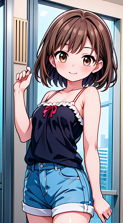 One woman,20-year-old,((highest quality)), masterpiece, Ultra-high resolution, 8k,Show anime style , One, Soft Line Art, Digital Enhancement, shojo anime touch, shojo manga core, Flowing fabric, close, Soft Drawing, (Ultra-Definition Digital Anime Art), Clear facial depiction, ((Super detailed girl cartoon character art)), (Ultra-detailed manga style), highest qualityの色, ((ショートカットのBrown Hair)), 美しいBrown Hair, (澄んだBrown eyes), Slightly chubby,Small breasts,Dynamic Angle, Dynamic pose, Thin face, a smile, smile, Beautiful woman, ((Sexy Woman)), (((Brown eyes, short hair, Brown Hair,))), Woman in a camisole, Adult female, Wear shorts, Animated characters in a scene from a balcony of a building with the sky in the background, Your Name movie style, Stills in TV anime, yourname, fiona staples and makoto shinkai, makoto shinkai and bioware, guweiz and makoto shinkai, Anime stills, Animated film stills, Anime movie screenshots, (Natural skin textures and crisp details, Ultra-realistic)