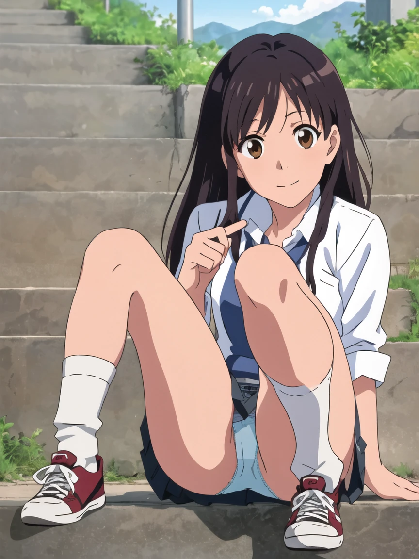 highest quality, Ultra-high resolution, (Realistic: )2D official style cel animation,((Sitting Girl))Blue Check Mini Skirt,summer shirt,(Lace panties),loose socks,sneakers,Full body portrait,(chiyoko sonoda),Station stairs,sunny,Embarrassed face,from the front