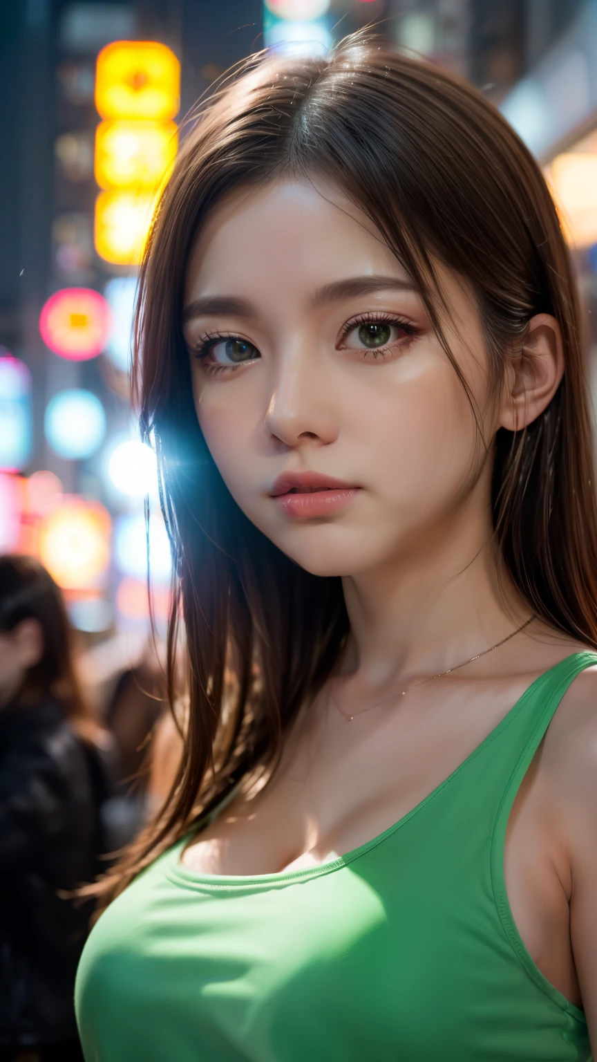 A woman standing on a crowded street in Tokyo, Traffic jam on a rainy night, masterpiece, RAW Photos, Written boundary depth, Bokeh, (Front light:1.2), (Backlight:0.75), (Subsidy light:0.9), neon, chromatic aberration, (Lens flare:1.2), 8k, Genuine, green,(head shot:1.5)