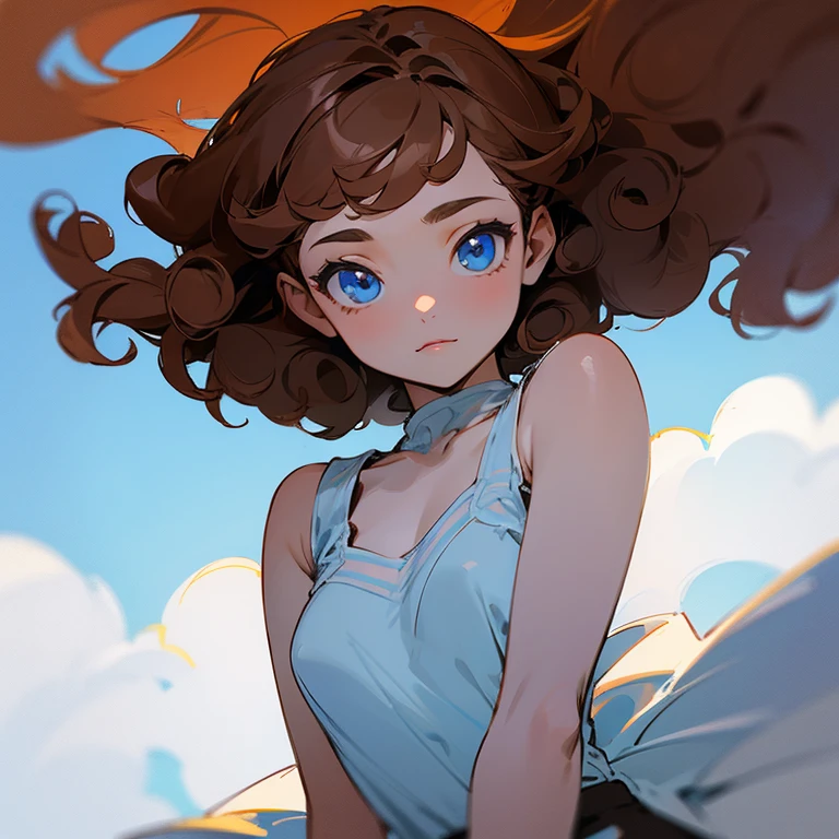 Color drawing of a 13 year old girl with blue eyes, curly brown hair that reached below her shoulders and with white skin.
