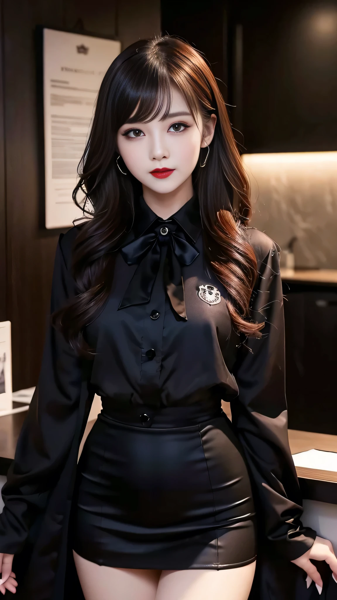 best quality、ultra-detailed、4k、Japanese、Seductive beauty、seductive adult woman、Pretty Woman、cool girl、Villainess、Brainwashed、brainwash、Fallen into evil、smirk、Evil look、Wicked Smile、evil、Brown hair、wavy hair、swept bangs、dark makeup、dark makeup、piercing eyes、hollow eyes,half-closed eyes、Hollow Eyes、purple Eyeshadow、black lipstick、black lipglos、office staff suit、suit、Jacket、Black sleeves、White Shirt、Black Ribbon、Tight Skirt、pantyhose、night、inside darkroom、Are standing、shoot from below、Have lipstick、Emblem of Evil、Crest of Darkness、Swear allegiance、I have pledged my allegiance、Dye black、Blackening、Stained with evil、Dyed in darkness、Seduce