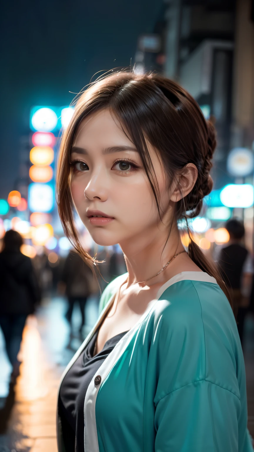 A woman standing on a crowded street in Tokyo, Traffic jam on a rainy night, masterpiece, RAW Photos, Written boundary depth, Bokeh, (Front light:1.2), (Backlight:0.75), (Subsidy light:0.9), neon, chromatic aberration, (Lens flare:1.2), 8k, Genuine, green,(head shot:1.5)