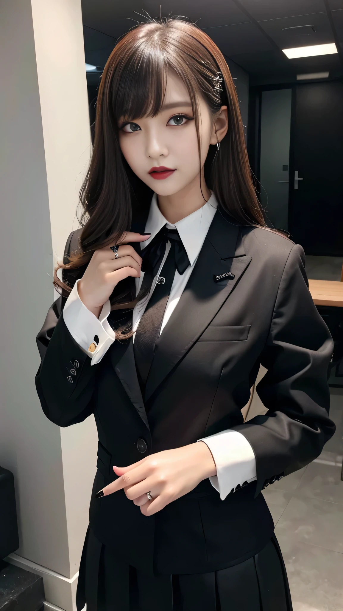 best quality、ultra-detailed、4k、Japanese、Seductive beauty、seductive adult woman、Pretty Woman、cool girl、Villainess、Brainwashed、brainwash、Fallen into evil、smirk、Evil look、Wicked Smile、evil、Brown hair、wavy hair、swept bangs、dark makeup、dark makeup、piercing eyes、hollow eyes,half-closed eyes、Hollow Eyes、purple Eyeshadow、black lipstick、black lipglos、office staff suit、suit、Jacket、Black sleeves、White Shirt、Black Ribbon、Tight Skirt、pantyhose、night、inside darkroom、Are standing、shoot from below、Have lipstick、Emblem of Evil、Crest of Darkness、Swear allegiance、I have pledged my allegiance、Dye black、Blackening、Stained with evil、Dyed in darkness、Seduce