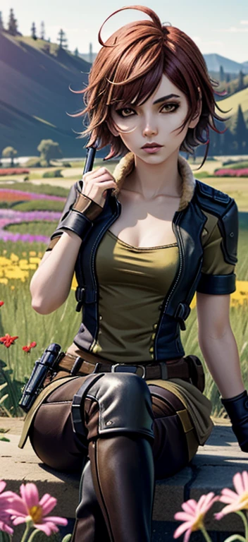 (Masterpiece, Best quality)
Lilith Borderlands, 1girl, bachelor, Red poetry, Yellow eyes, Sitting in a field of colorful flowers