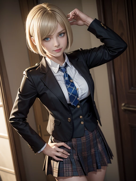 8K,Masterpiece,One woman,Smile,30 years old,blue eyes,Blonde Hair,Short Bob Hair,Ella Freya, a beautiful Dutch YouTuber（Ella Freya),「Resident Evil RE:4」Ashley, the heroine of,Dark brown blazer uniform,Checkered pleated mini skirt, mini skirt,
