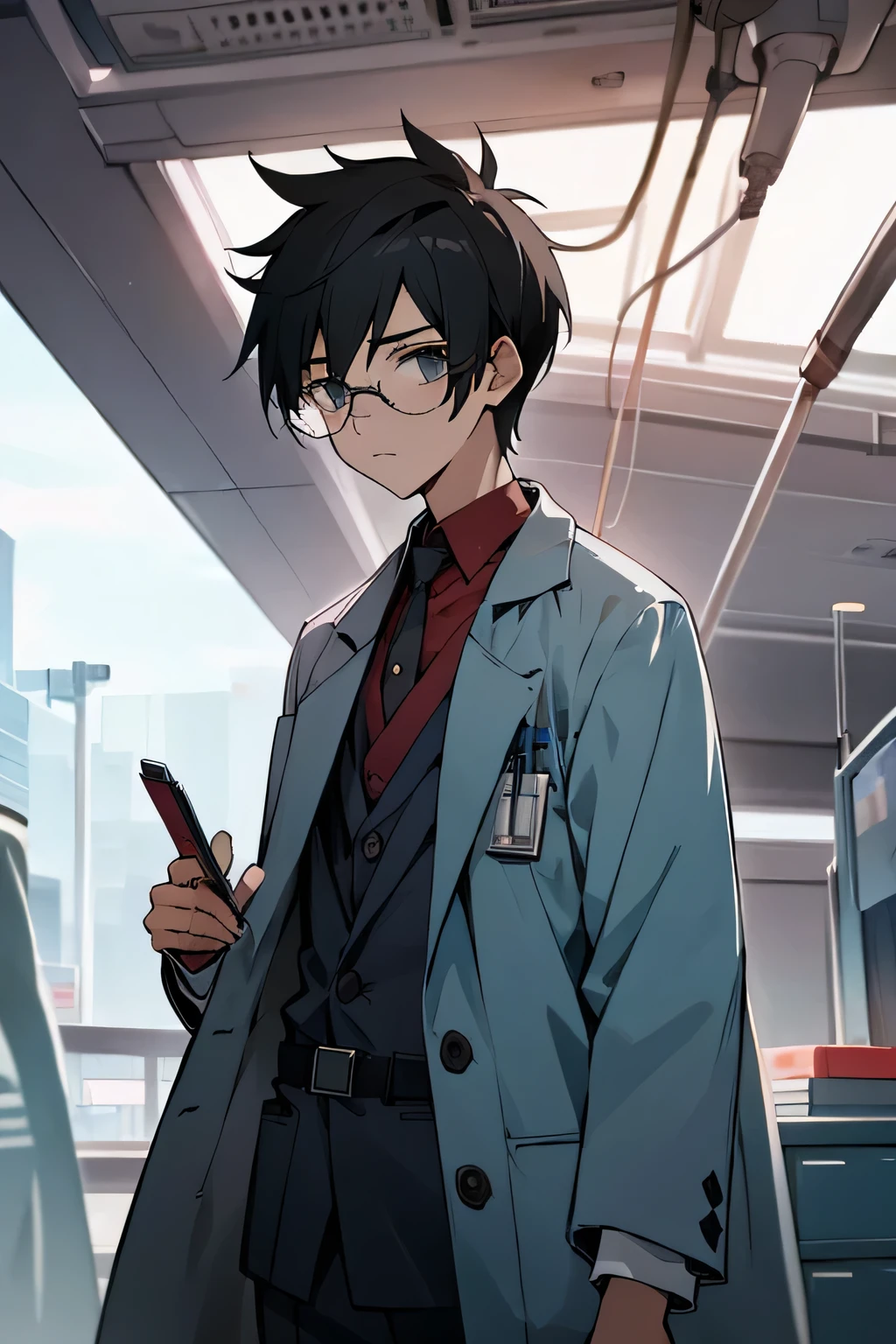 Male, , Hospital background, Glasses, sick appearance, doctor coat