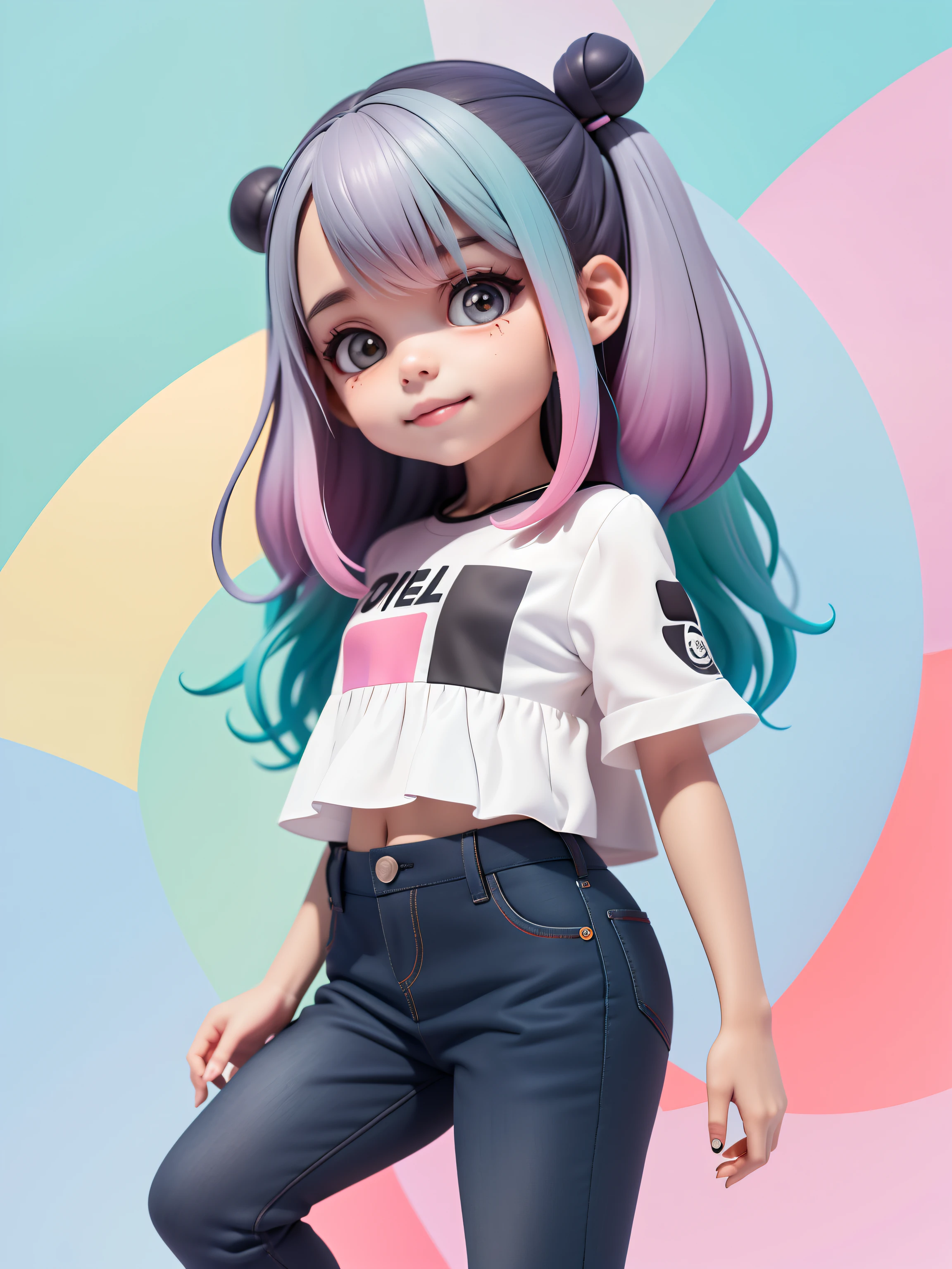 (obra maestra), (mejor calidad), (ultra detallado), (cuerpo entero: 1.2) cambia, negro, pantalones y mini blusa, sonrisa clara, cuerpo entero, :3, cabello multicolor, corto, preso, miedo, moderno, Accesorios modernos, fondo de tono pastel , colorido y sencillo.