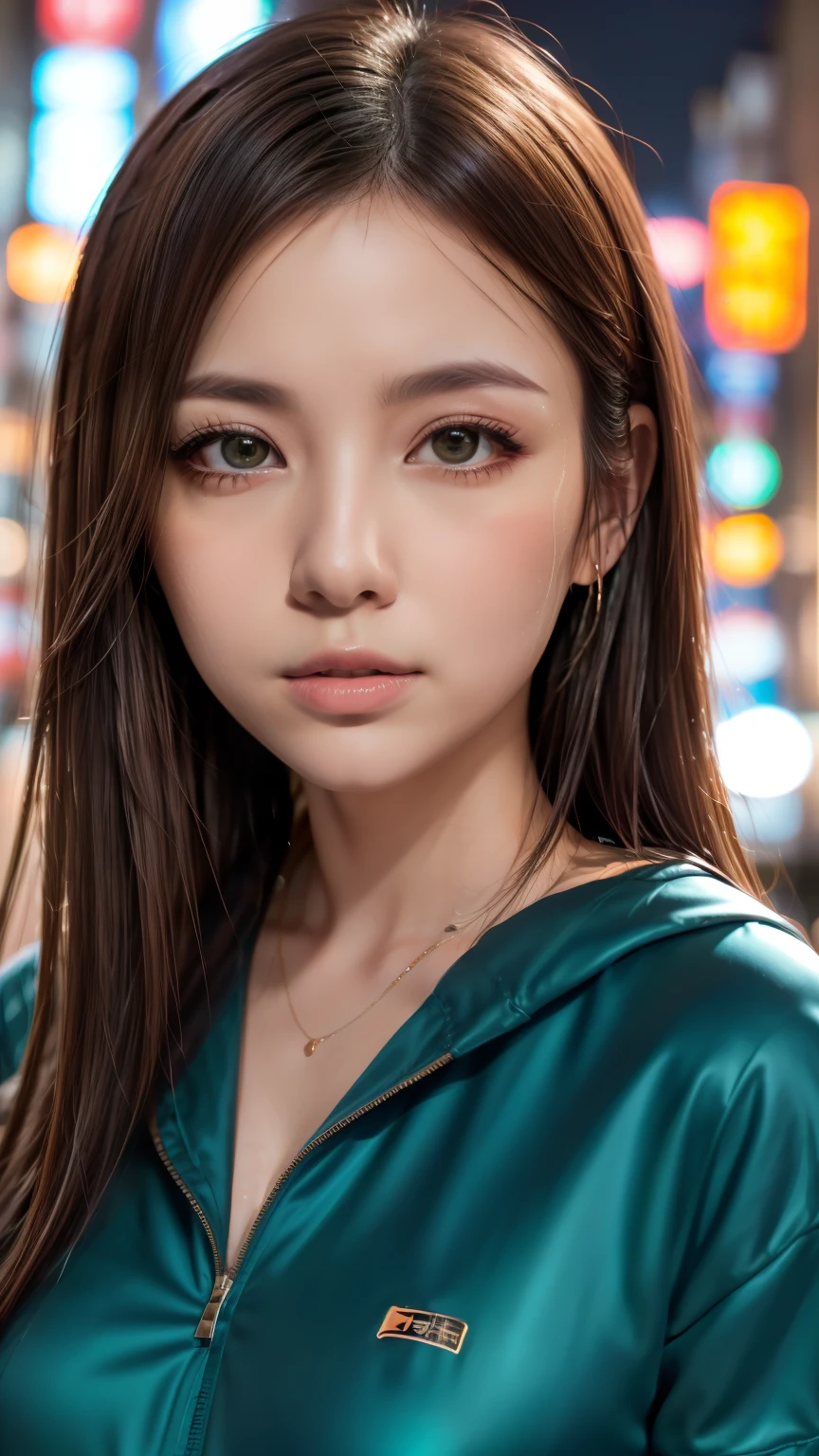 A woman standing on a crowded street in Tokyo, Traffic jam on a rainy night, masterpiece, RAW Photos, Written boundary depth, Bokeh, (Front light:1.2), (Backlight:0.75), (Subsidy light:0.9), neon, chromatic aberration, (Lens flare:1.2), 8k, Genuine, green,(head shot:1.5)