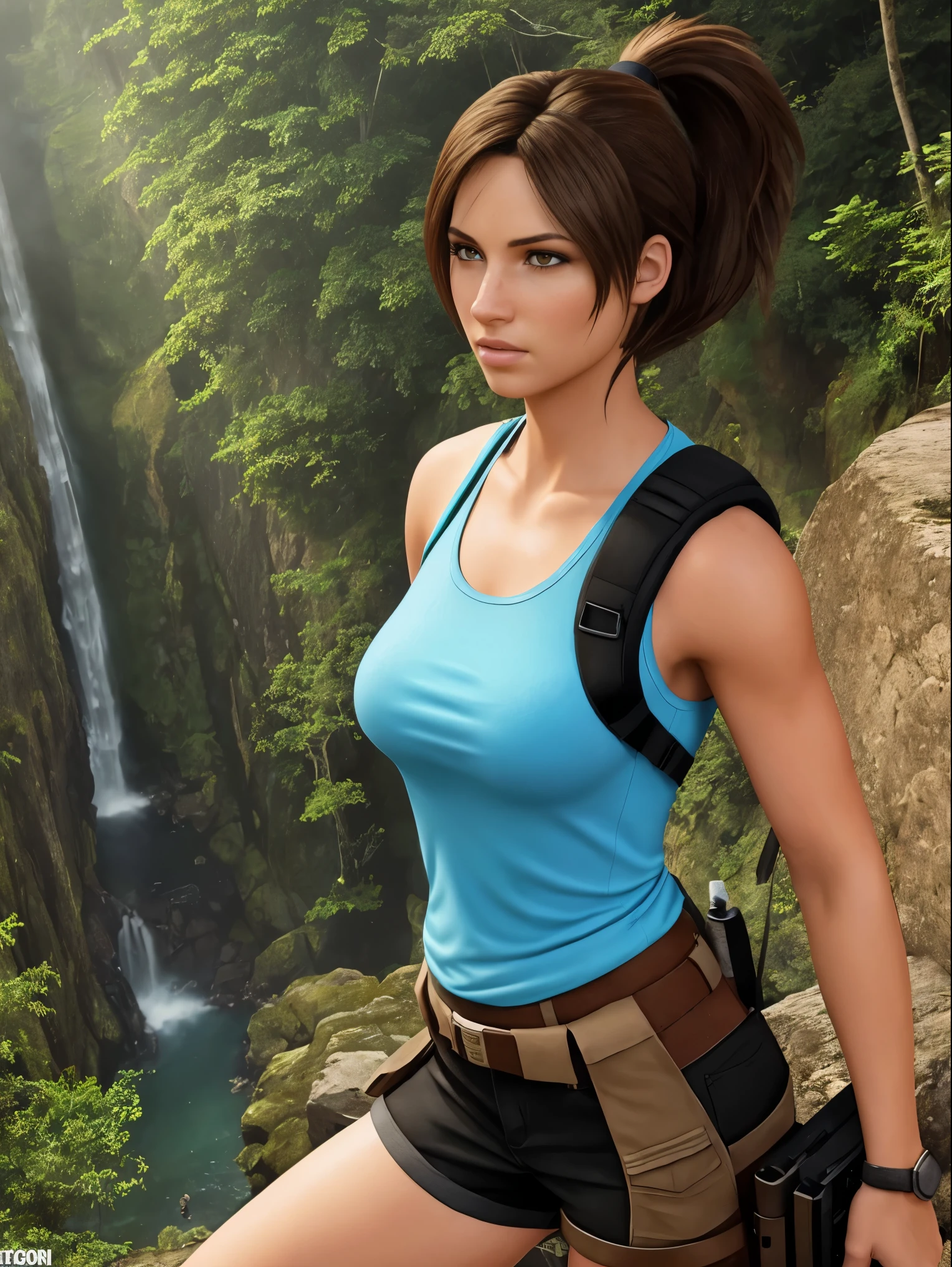 (masterpiece, top quality, best quality, official art, beautiful and aesthetic:1.2), (1girl:1.3), brown hair, ponytail, extremely detailed, portrait, looking at viewer, solo, (full body:0.6), detailed background, close up, mischievous eyes, (cool Incan ruins theme:1.1), pleasant smile, brunette, aquiline nose, green eyes, ponytail, ((gigantic breasts)), (thin), athletic, Lara Croft. Wearing a sleek (high-neck) light blue sleeveless top, brown shorts, boots, shoulder harness, backpack, holsters, utility belt, slim waist, slim hips, long legs, ancient (jungle ruins exterior:1.1) detailed background, bright optimistic lighting, shadows, magical atmosphere, dutch angle