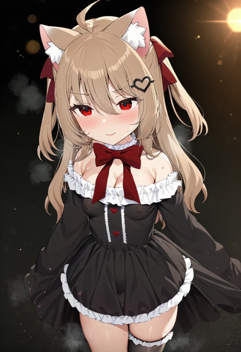 1girl, evil neuro-sama, (masterpiece, best quality), highly detailed, finely detailed, red eyes, light brown hair, ahoge, two side up, hair ribbon, dark red ribbon, heart hair ornament, black dress, frilled dress, off-shoulder dress, bare shoulders, frilled choker, long sleeves, red bow, red buttons, black heart, black socks, frilled socks, cowboy shot, blurry background, depth of field, backlight, light particles, bokeh, cat ears, clothes pull, dress pull, pulled by self, cleavage, covered nipples, see-through, skindentation, naughty smile, in heat, sweat, steaming body, from above,
