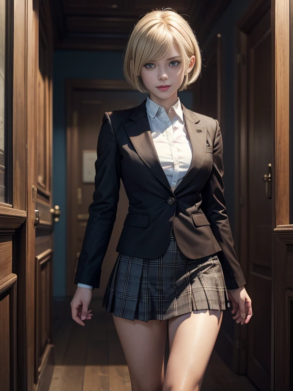 8K,Masterpiece,One woman,Smile,30 years old,blue eyes,Blonde Hair,Short Bob Hair,Ella Freya, a beautiful Dutch YouTuber(Ella Freya),「Resident Evil RE:4」Ashley, the heroine of,(Dark brown blazer uniform),Checkered pleated mini skirt, mini skirt,