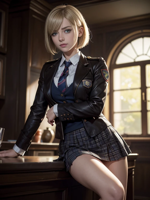 8K,Masterpiece,One woman,Smile,30 years old,blue eyes,Blonde Hair,Short Bob Hair,Ella Freya, a beautiful Dutch YouTuber（Ella Freya),「Resident Evil RE:4」Ashley, the heroine of,(Dark brown blazer uniform),Checkered pleated mini skirt, mini skirt,