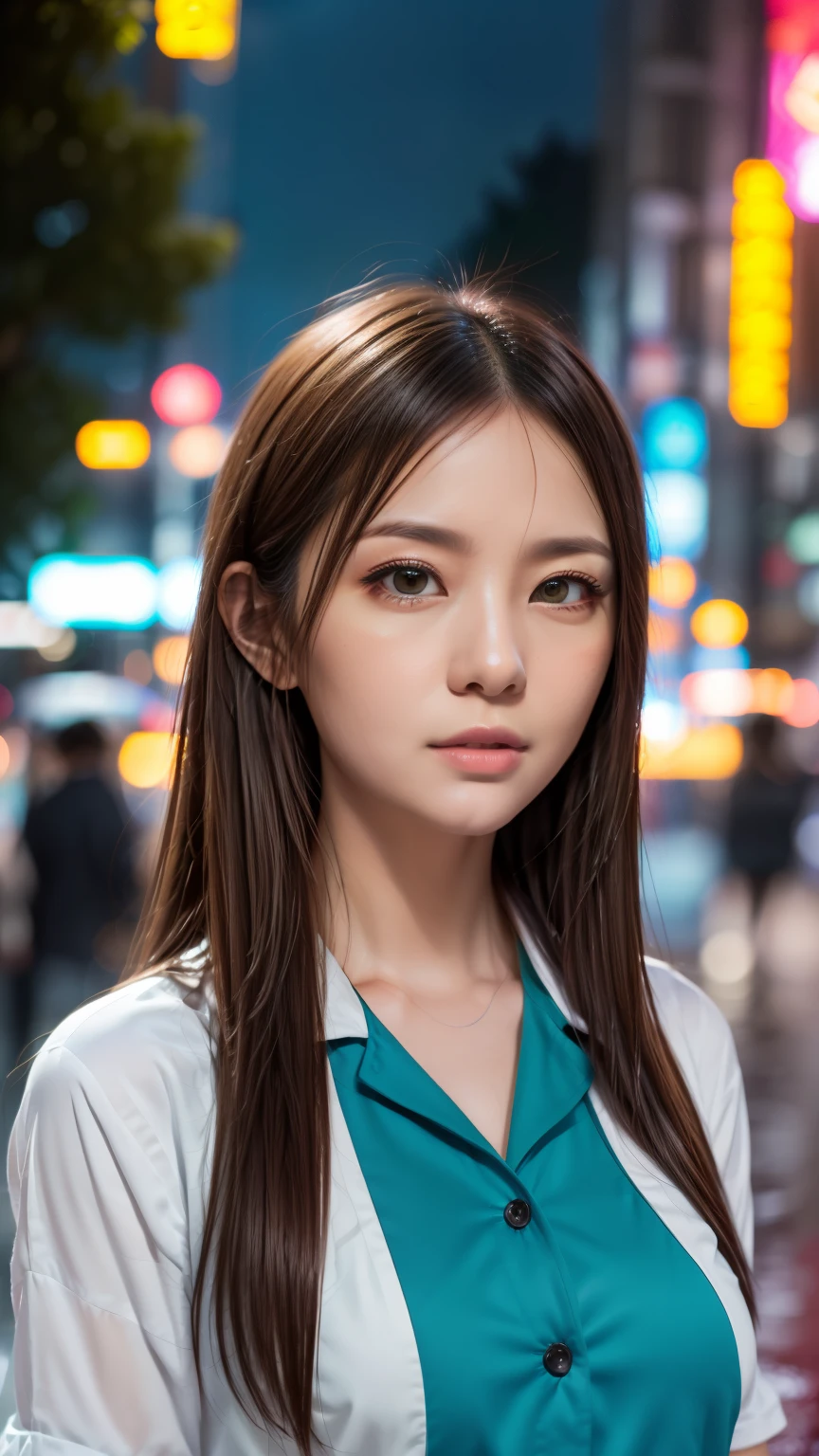 A woman standing on a crowded street in Tokyo, Traffic jam on a rainy night, masterpiece, RAW Photos, Written boundary depth, Bokeh, (Front light:1.2), (Backlight:0.75), (Subsidy light:0.9), neon, chromatic aberration, (Lens flare:1.2), 8k, Genuine, green,(head shot:1.5)