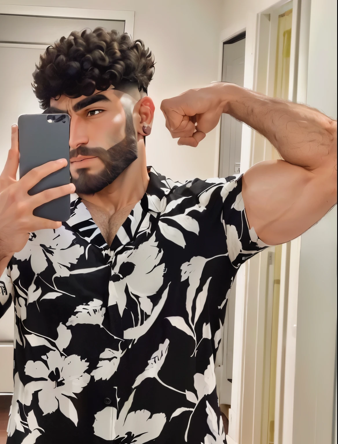 arafed man with a beard and a flower shirt taking a selfie, showing off biceps, big biceps, showing off his muscles, posing and flexing, muscles, flexing large muscles, full body picture, wearing a muscle tee shirt, hairy arms, super buff and cool, with hawaiian shirt, profile image, shoulders can be seen, big muscles, big arms
