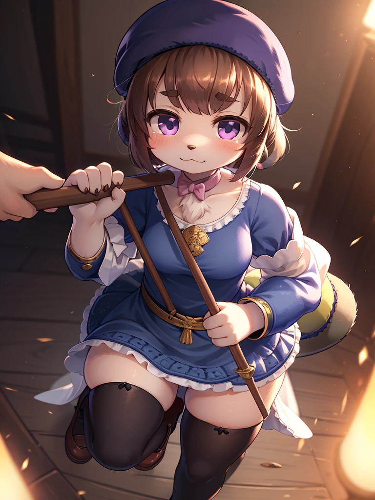 Extreme Perspective , realistic hairy fur , round face , moist round eyes , Swollen cheeks , hair ties , Short stature , accidents , Happenings , sensational battle ,
(iwanagadress:1.2), (iwanagakotoko:0.9),(beret:1.8), Kotoko Iwanaga, One girl, beret, black bow, blue skirt, bow, Brown footwear, Cane, dress, hair bow, Have, Holding, Holding Cane, Juliet Sleeve, Light brown hair, Long sleeve, View Viewer, petticoat, Puffy sleeves, Purple eyes, short hair, skirt, alone, Thigh straps, Knee socks, white dress, White Hat, white Knee socks, kyokou suiri , holding back poop