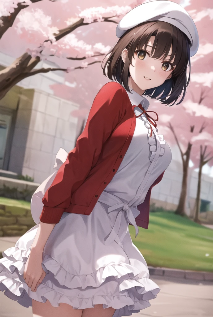 masterpiece, best quality, highres, hmkm1, short hair, white headwear, beret, red cardigan, white dress, frills, ribbon, long sleeves, open clothes, medium breasts, cowboy shot, standing, cherry blossoms, outdoors