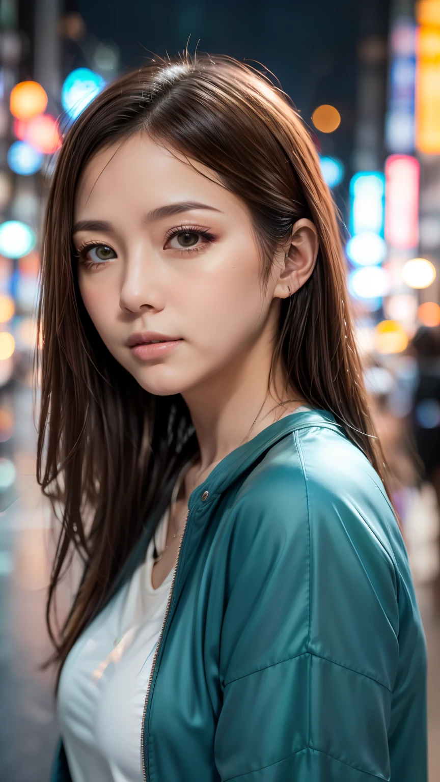 A woman standing on a crowded street in Tokyo, Traffic jam on a rainy night, masterpiece, RAW Photos, Written boundary depth, Bokeh, (Front light:1.2), (Backlight:0.75), (Subsidy light:0.9), neon, chromatic aberration, (Lens flare:1.2), 8k, Genuine, green,(head shot:1.5)
