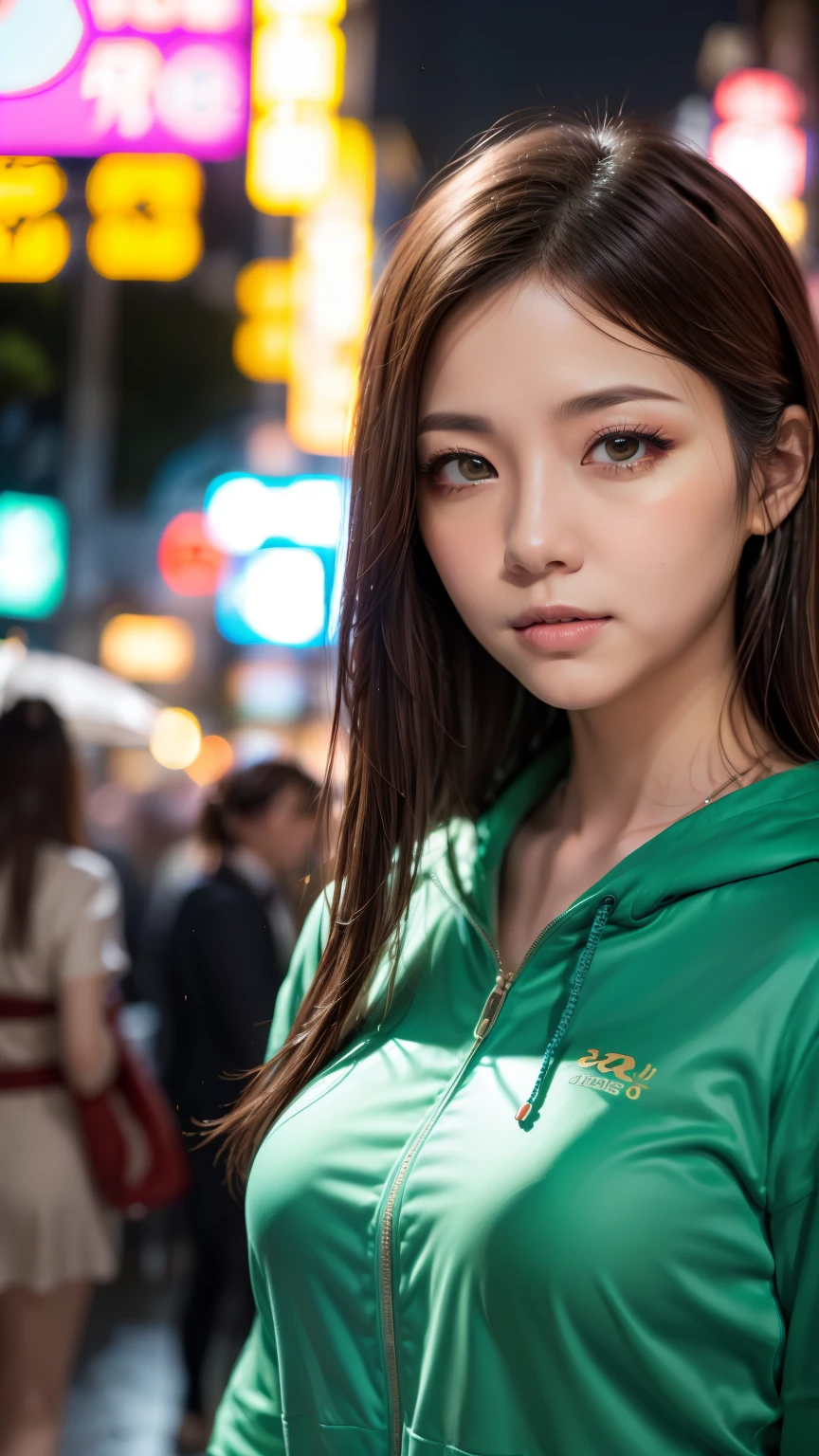 A woman standing on a crowded street in Tokyo, Traffic jam on a rainy night, masterpiece, RAW Photos, Written boundary depth, Bokeh, (Front light:1.2), (Backlight:0.75), (Subsidy light:0.9), neon, chromatic aberration, (Lens flare:1.2), 8k, Genuine, green,(head shot:1.5)
